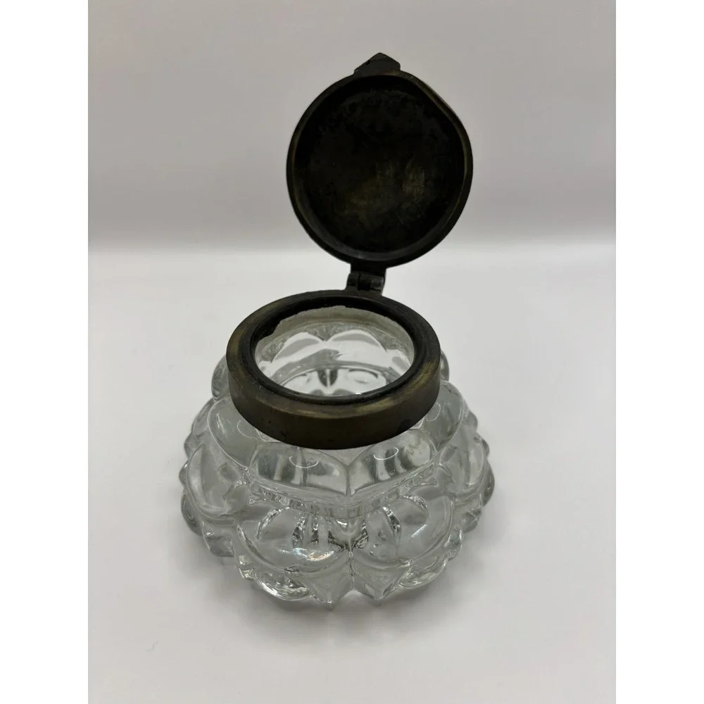Vintage Antique Inkwell‎ Crystal Glass Brass Lid Old Money GrandpaCore